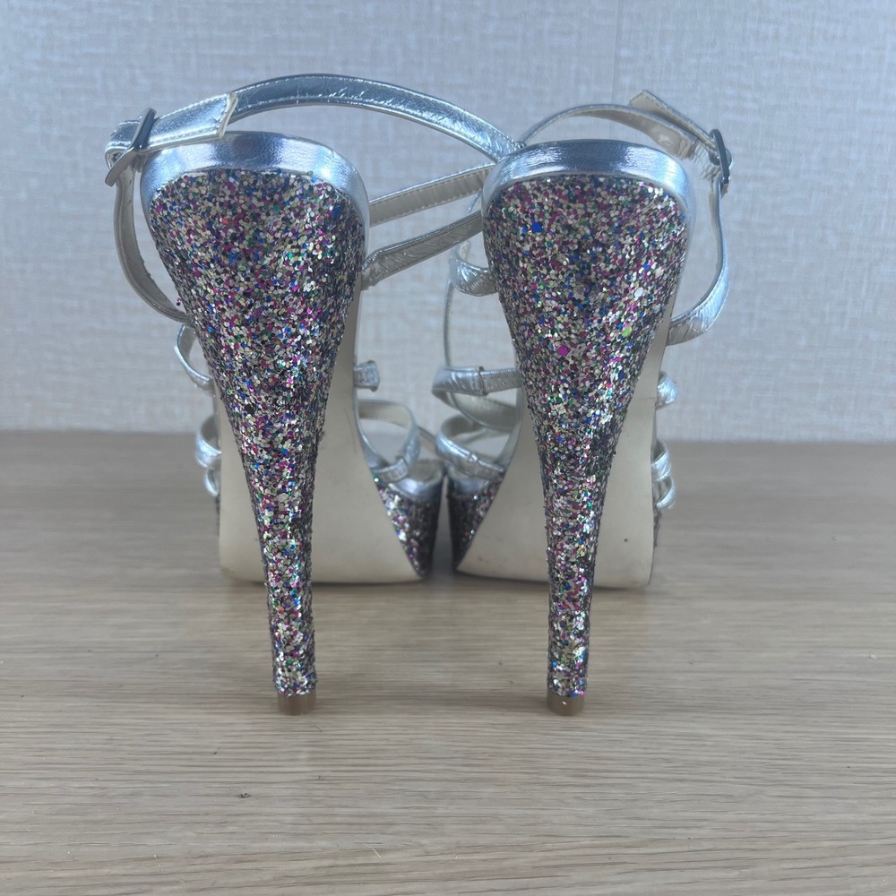Nine West Warm Candy Silver Metallic Glitter Platform Heels Party Sandals 10 - Picture 4 of 10